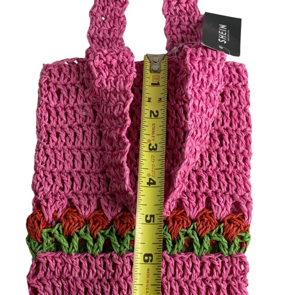 SHEIN Pink Crochet Tote Bag Handmade Look Flower Detail Knit Shopper NWT - Picture 6 of 7